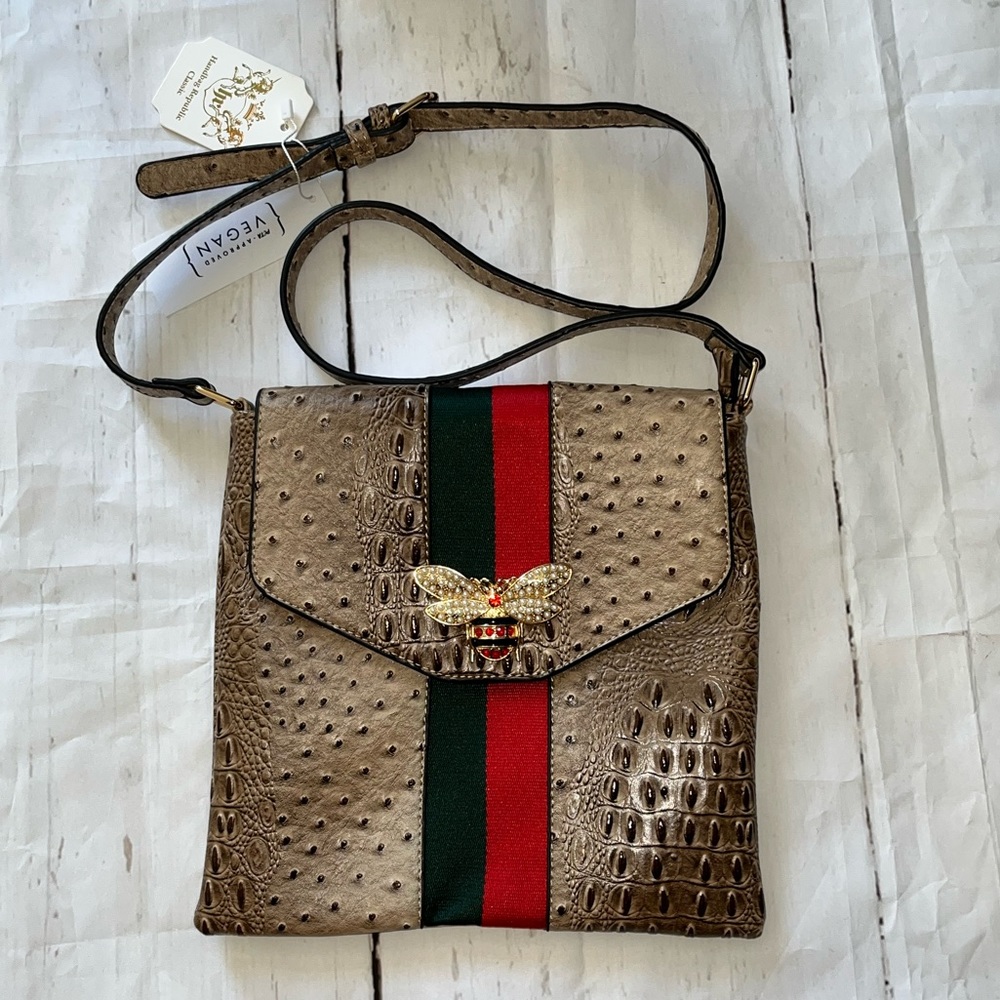 Faux Tan Croc Ostrich Vegan Crossbody Messenger Bag Bee accent Stripe